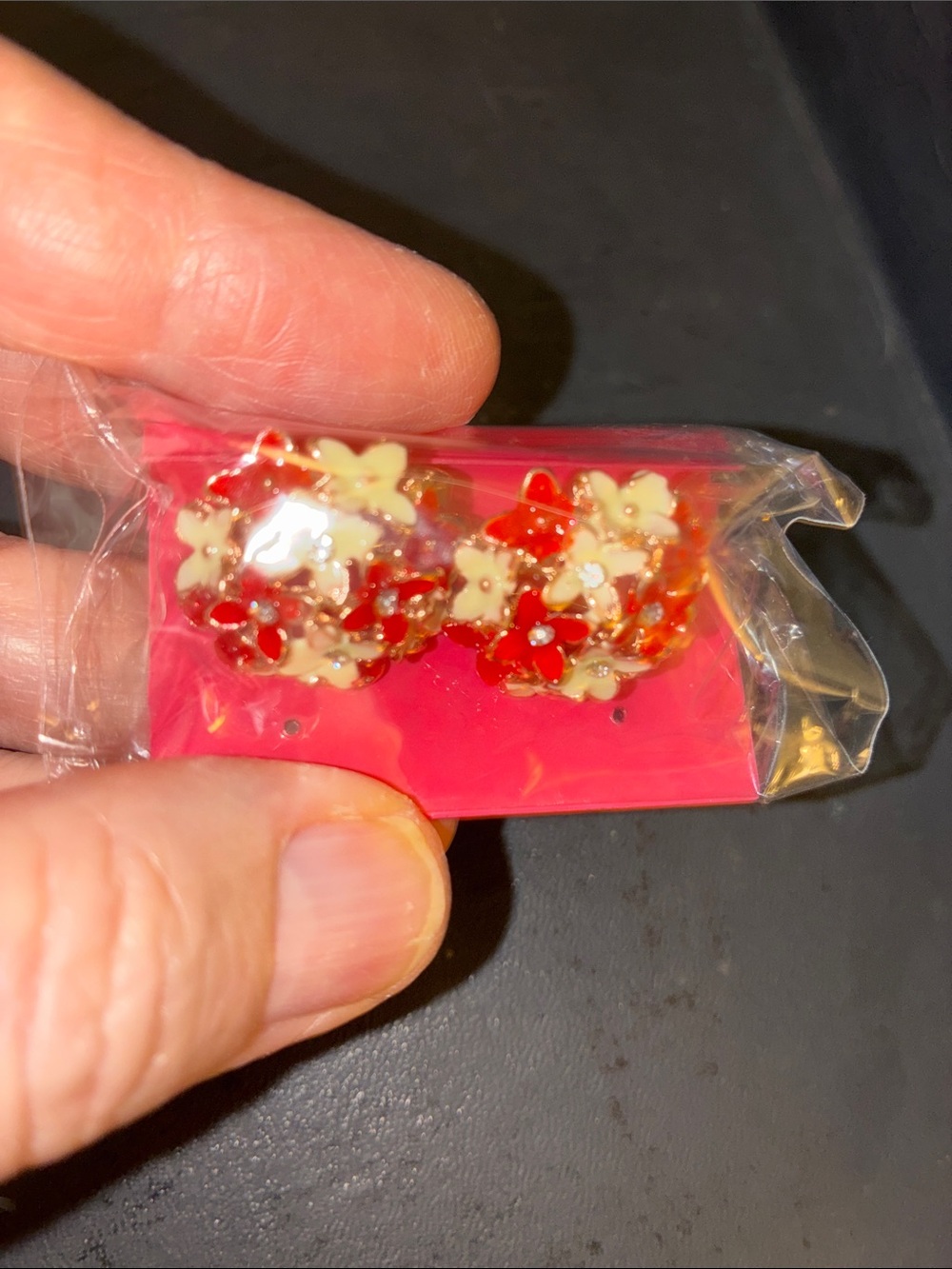 Gold-Tone Red and Cream Floral Cluster Omega back Earrings